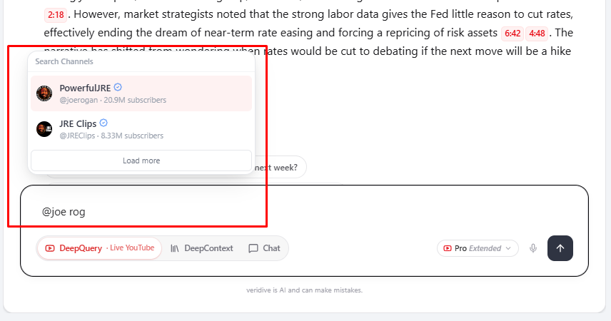 Search Channels dropdown showing matching creators with subscriber counts