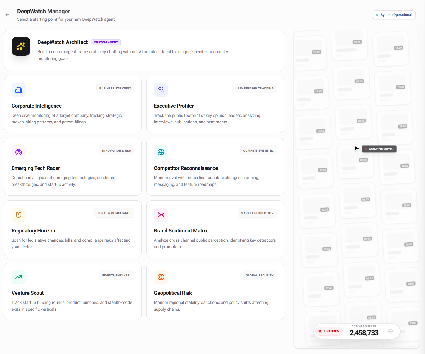 DeepWatch Manager preview showing preset monitoring missions and a custom architect