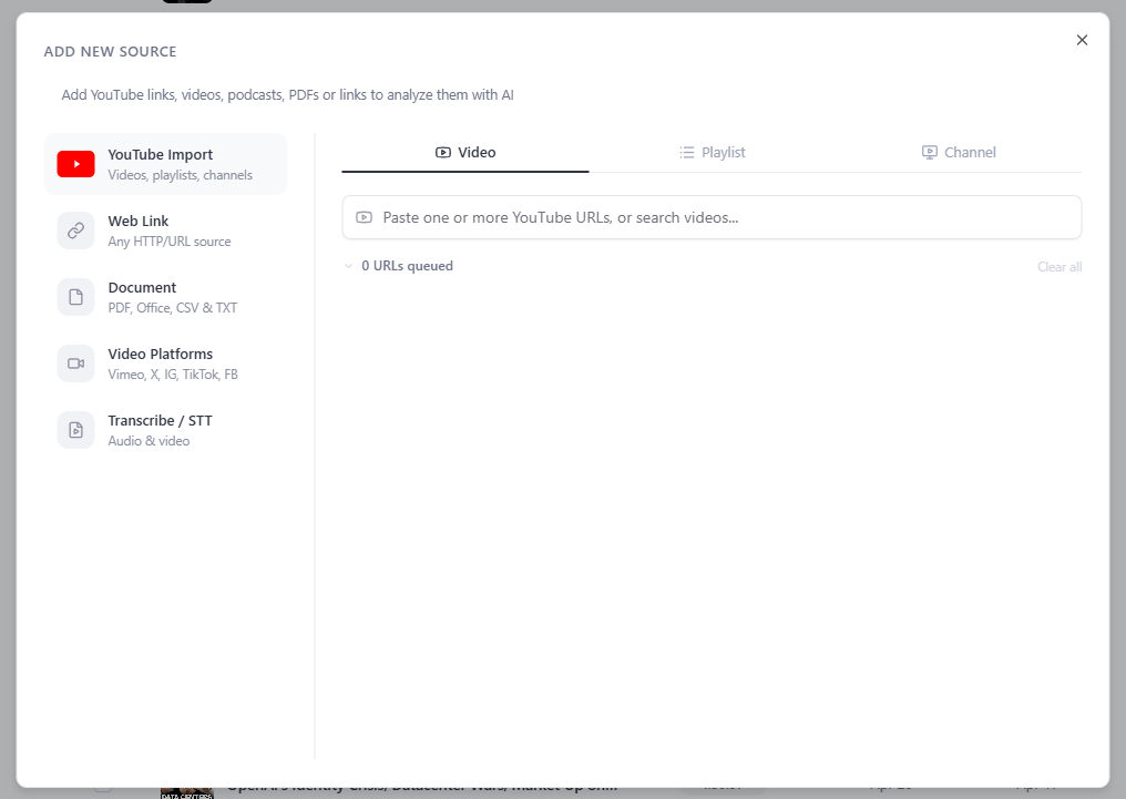 YouTube Import with Video, Playlist and Channel tabs