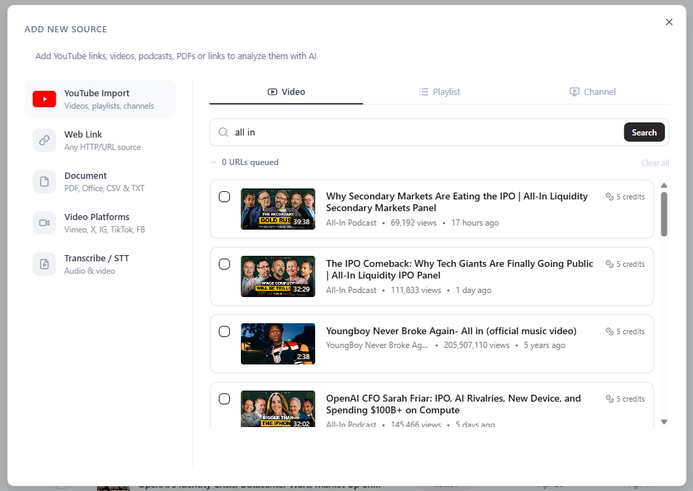 Searching YouTube inside the Add new source window, with results ready to add