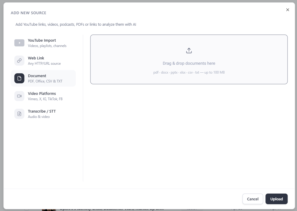 Document upload supporting pdf, docx, pptx, xlsx, csv, txt