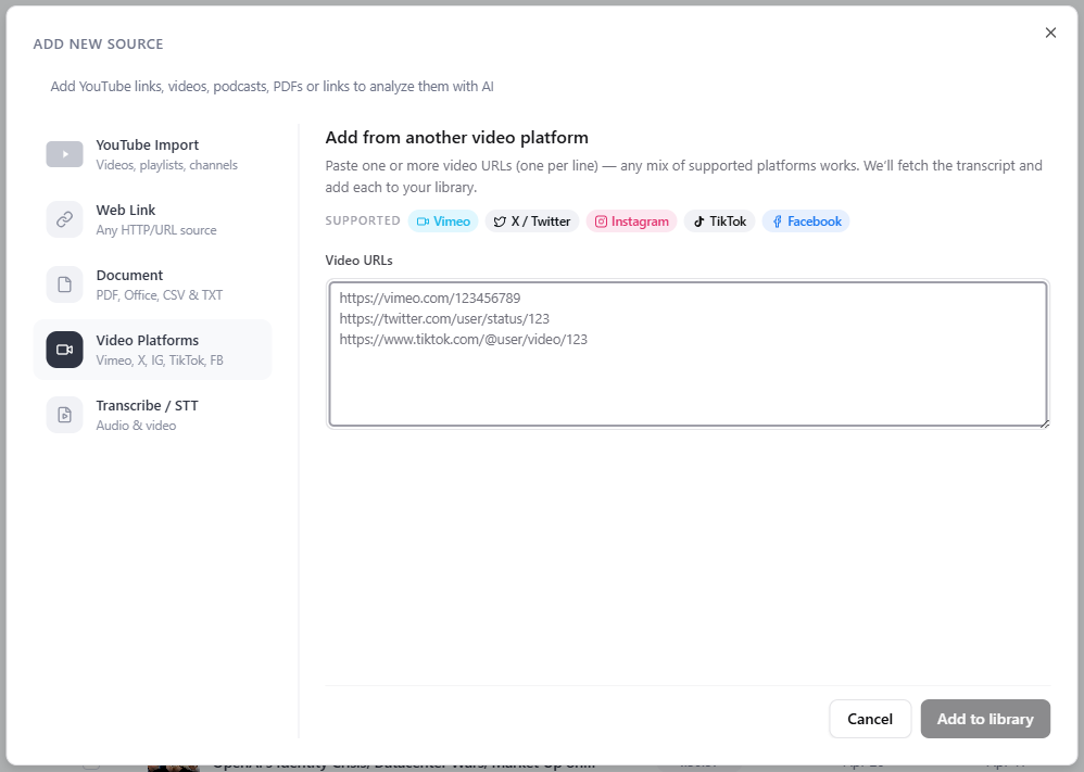 Add from another video platform — Vimeo, X, Instagram, TikTok, Facebook