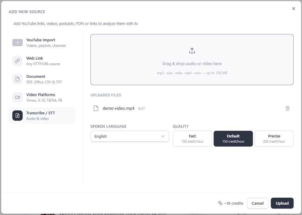 Transcribe / STT panel: drag and drop audio or video, choose language and quality (Fast 100, Default 150, Precise 200 credits per hour)